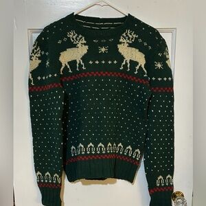 Hand knit Vintage Reindeer Pattern Sweater. Wool.Red,Green, White. Knit by hand.